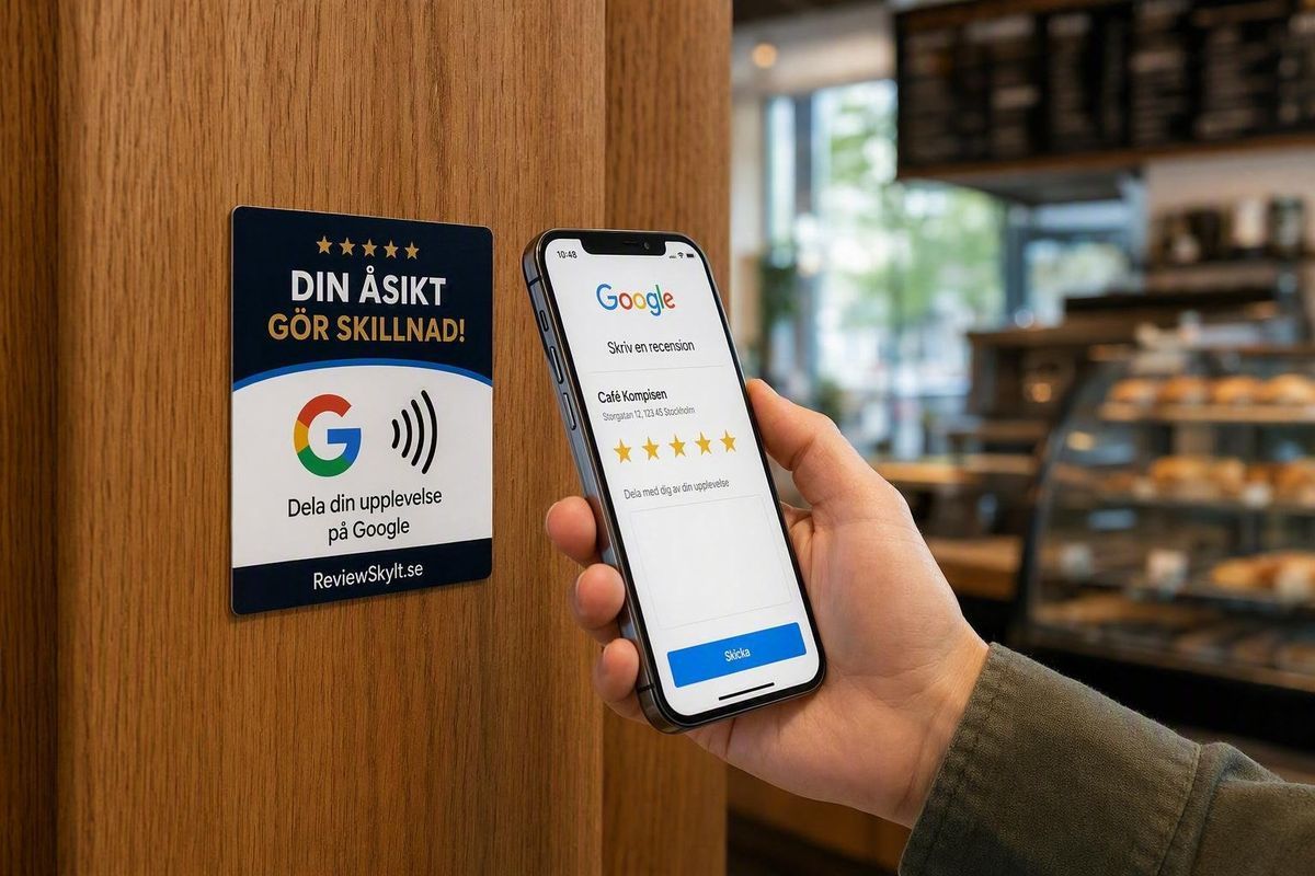En hand håller en mobil mot en fastklistrad ReviewSkylt — Googles recensionsformulär är redan öppet på skärmen