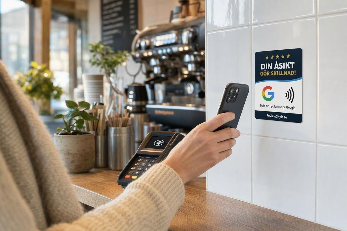 ReviewSkylt fastklistrad på kakelväggen vid kassören på ett café