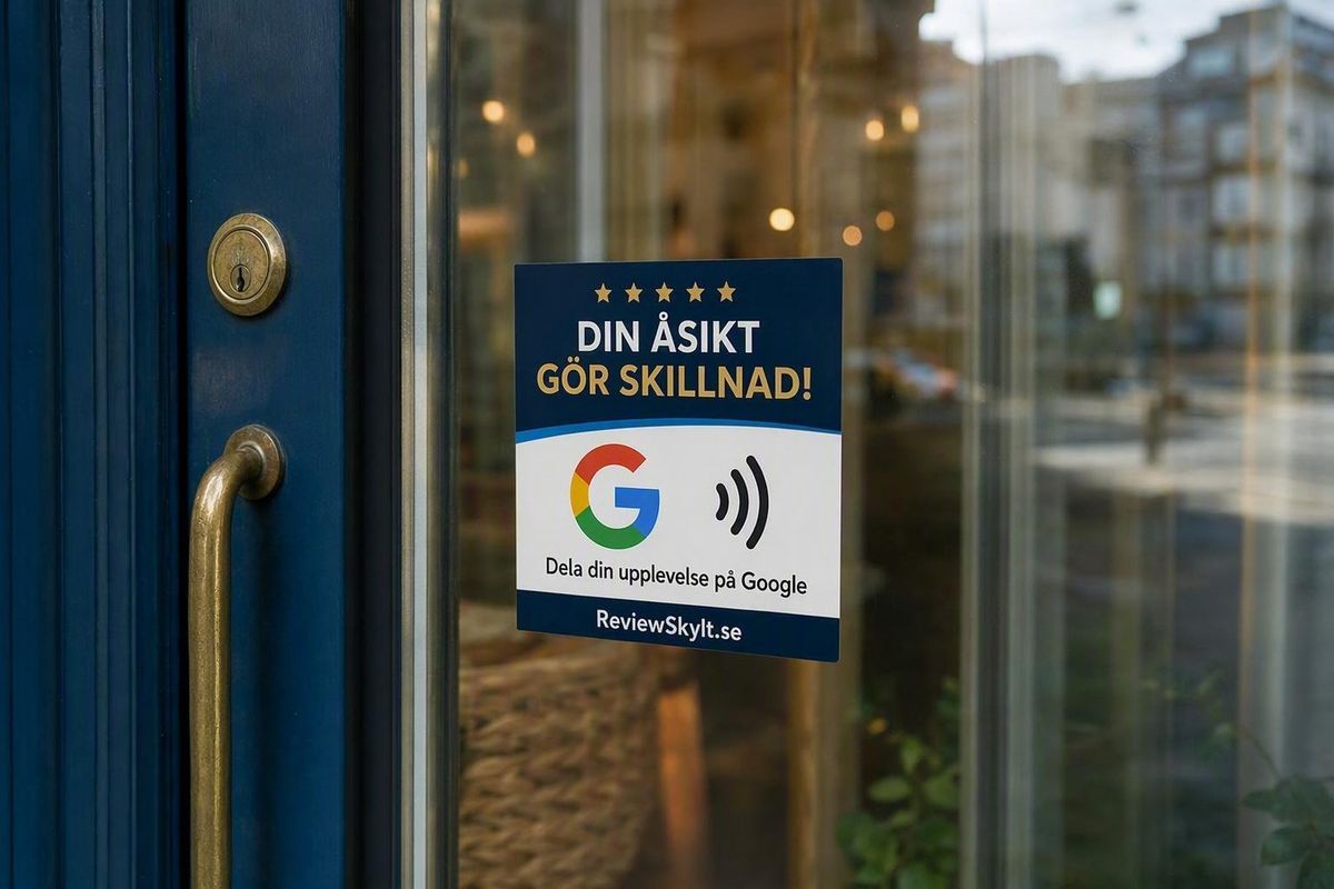 ReviewSkylt fastklistrad på glasdörren till en butik