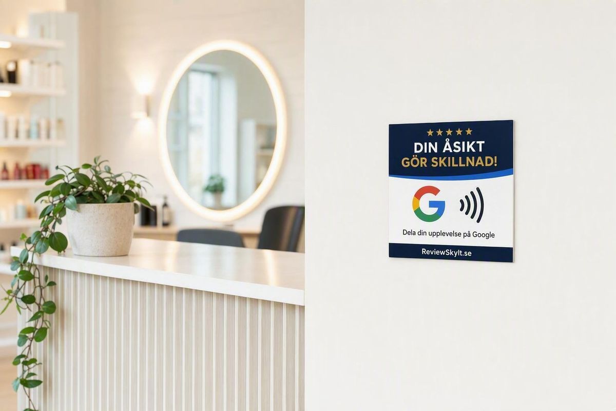 ReviewSkylt fastklistrad på väggen vid receptionen i en salong